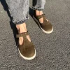 Olive Suede Mary Janes: Wide Toe Box T-strap Flats