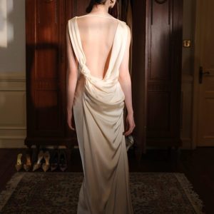Ivory Draped Backless Gown Elegant Satin Dress With